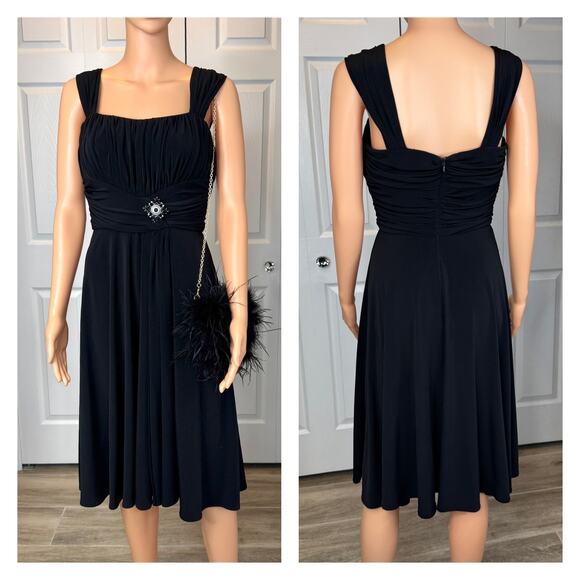 JESSICA HOWARD EVENING Brooch Fit & Flare Midi Dress Black Empire Waist Ruched 6 - Picture 13 of 13